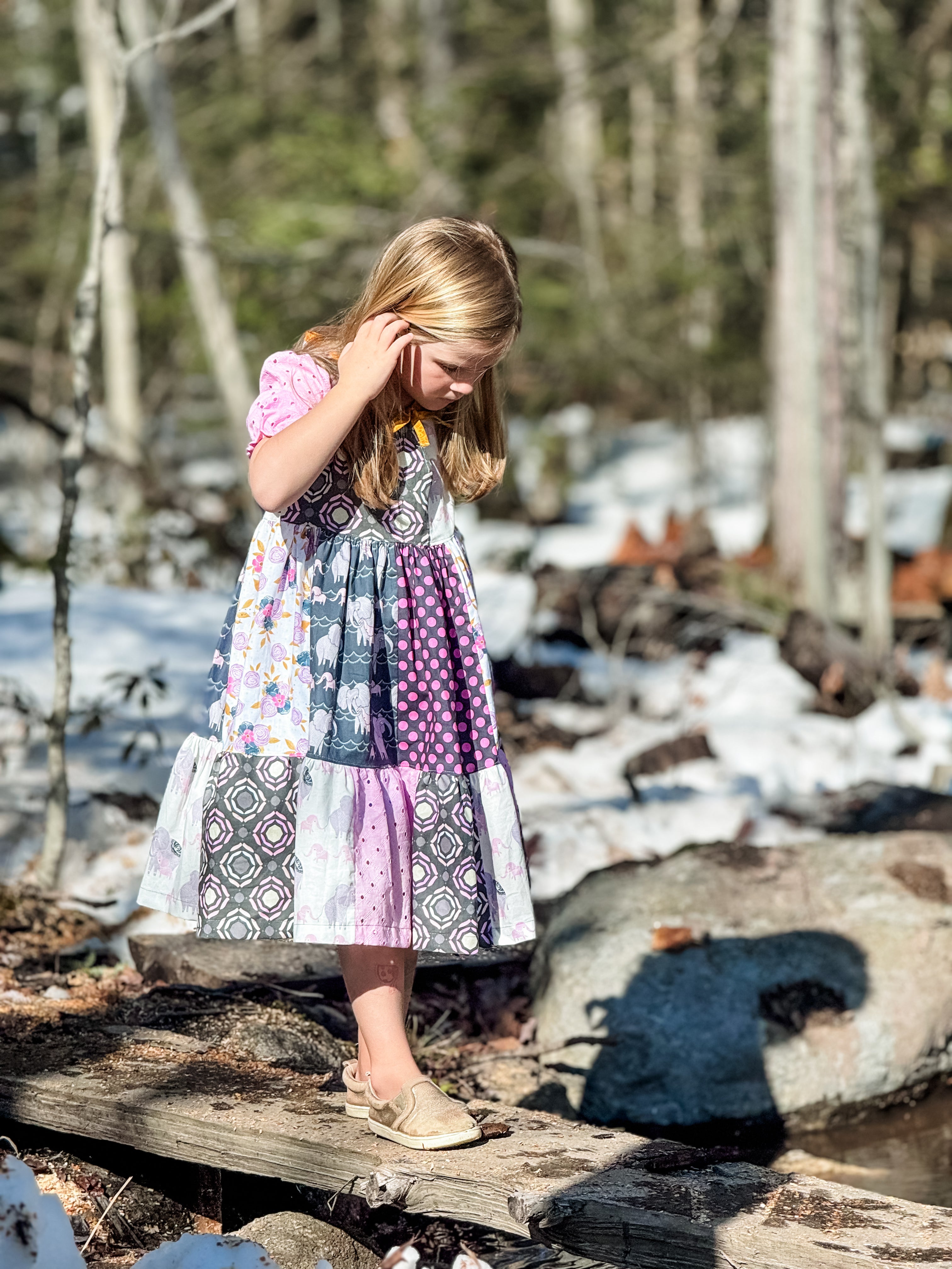 Elephant Jubilee Sasha Tier patchwork Dress (ships in 2 weeks)