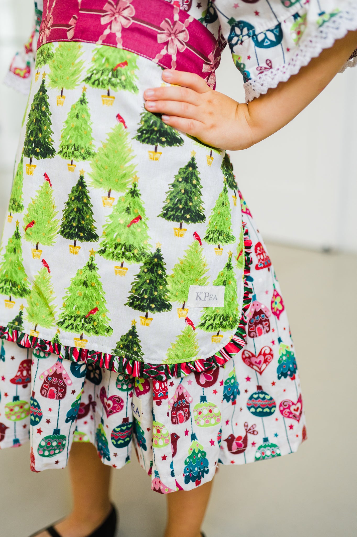 The Littlest Christmas Tree Girls Pease dress with Lace sleeves and an Apron (ships in 2 weeks)