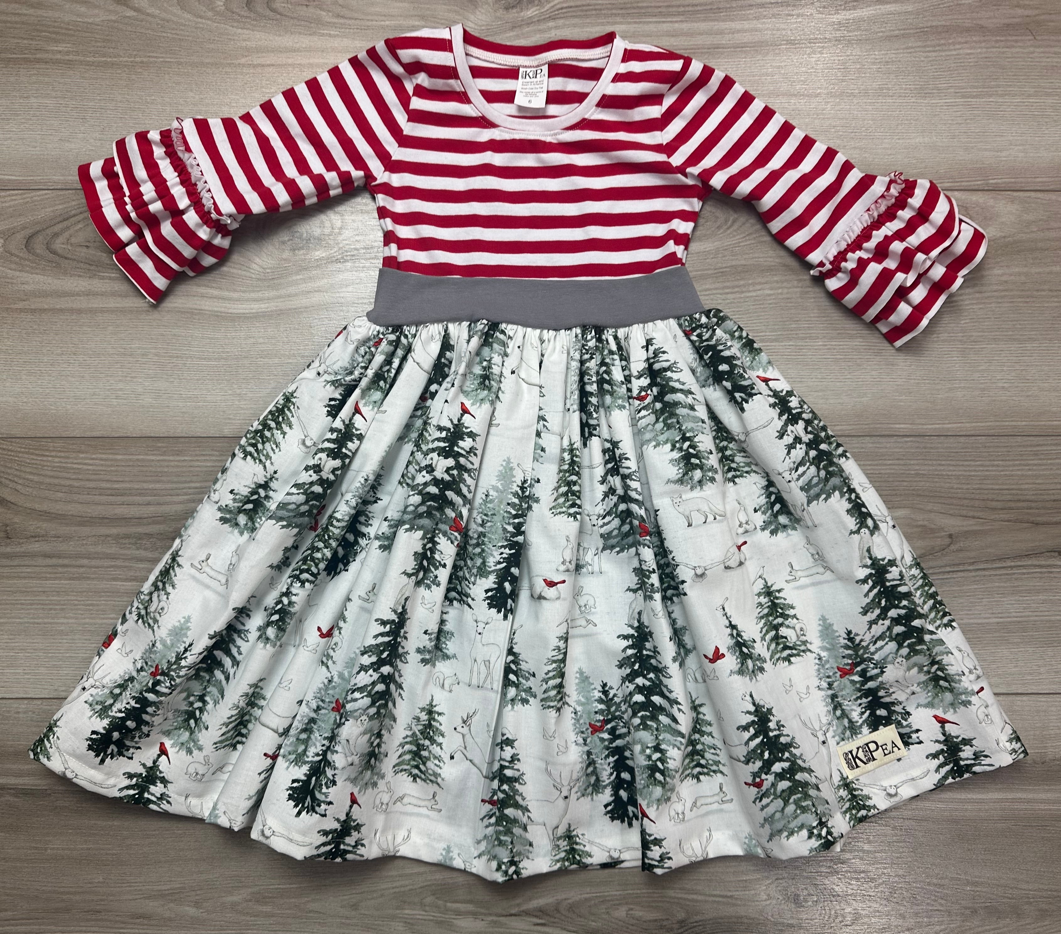 Snowy Pines Peasant Puff Sleeved Twirl dress (ships in 2 weeks)