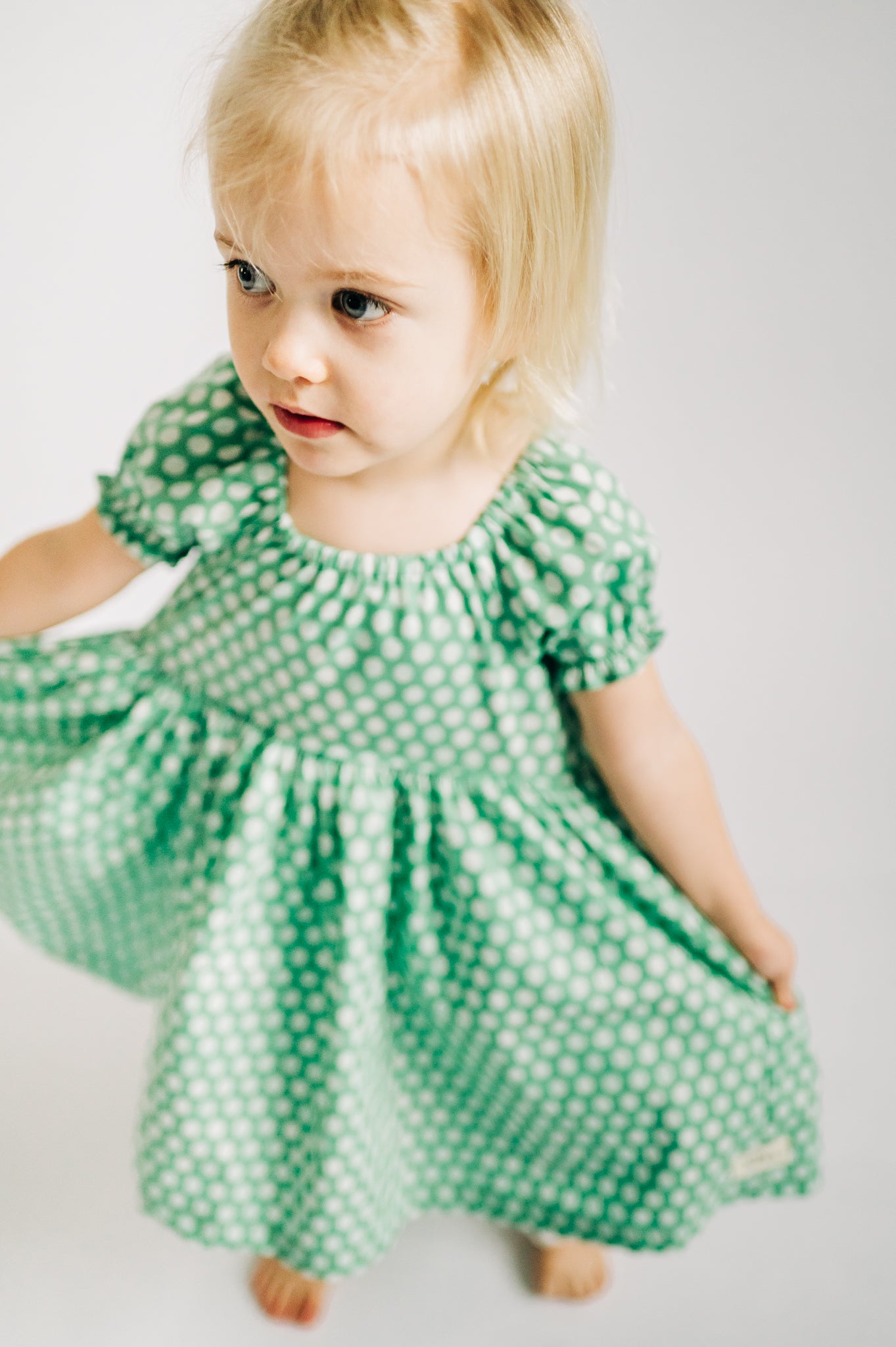Mint Dot Peasant Puff Sleeved Twirl dress