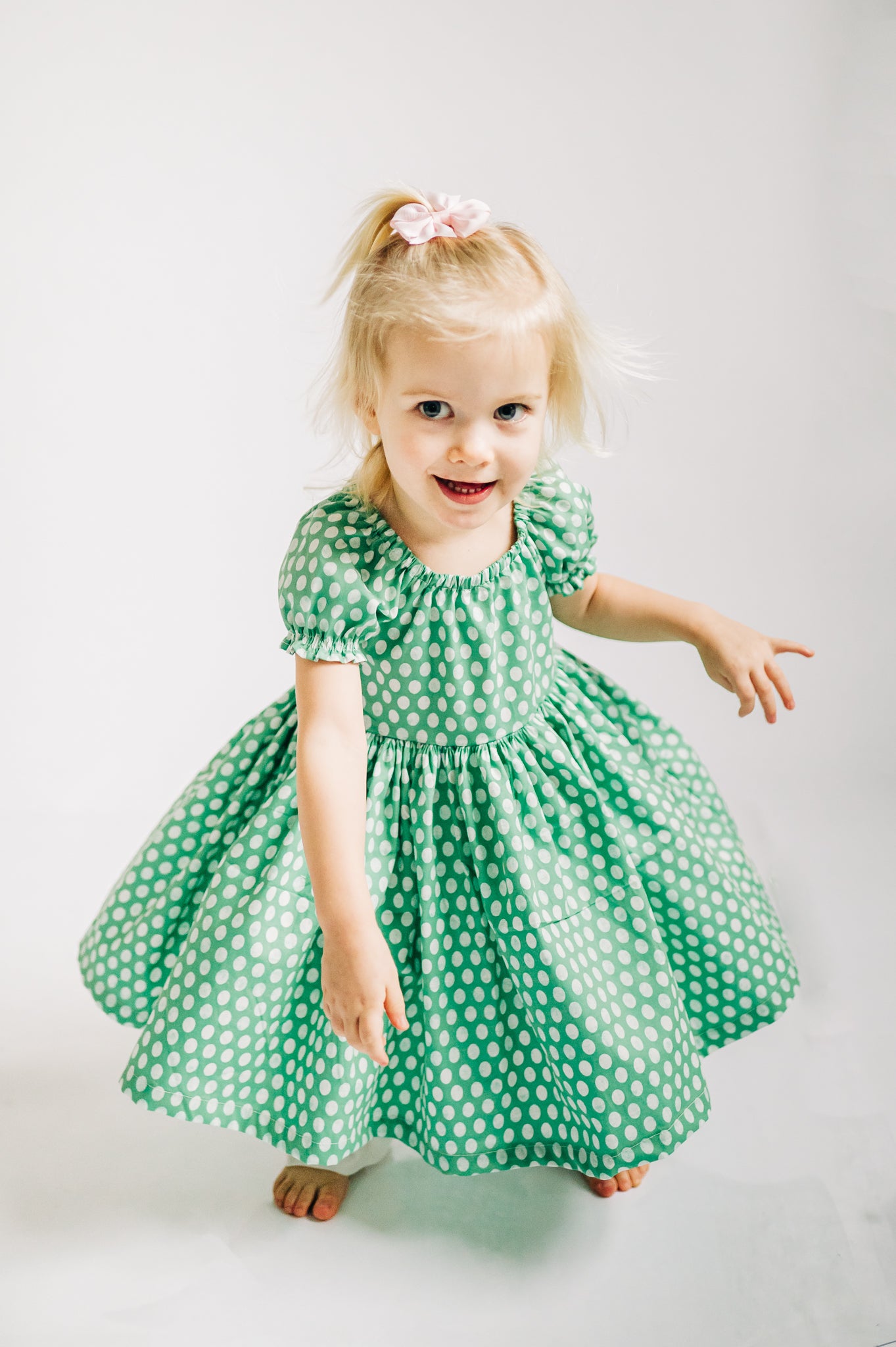 Mint Dot Peasant Puff Sleeved Twirl dress