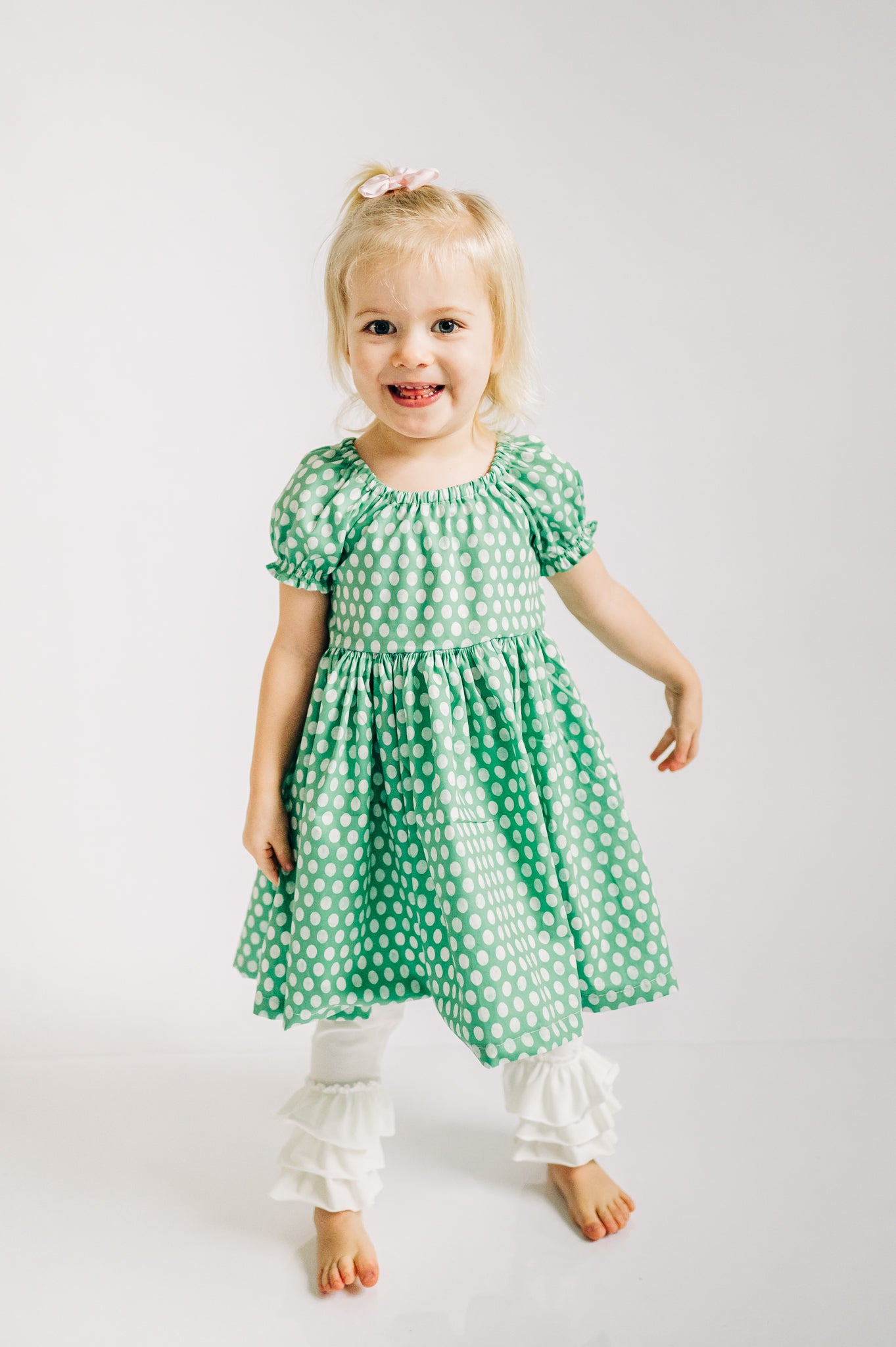 Mint Dot Peasant Puff Sleeved Twirl dress