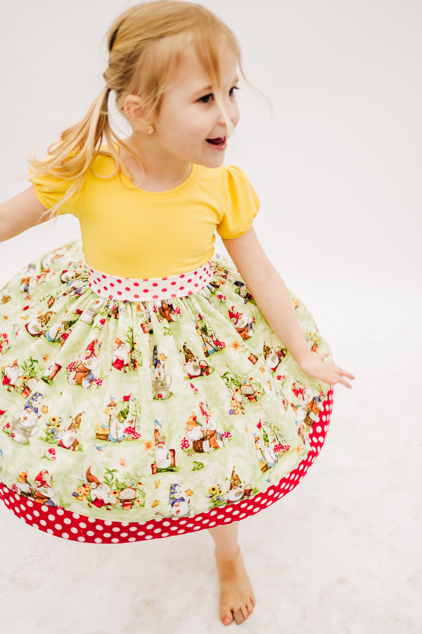 Gardening Gnomes Puff Sleeved Twirl dress (ships in 2 weeks)