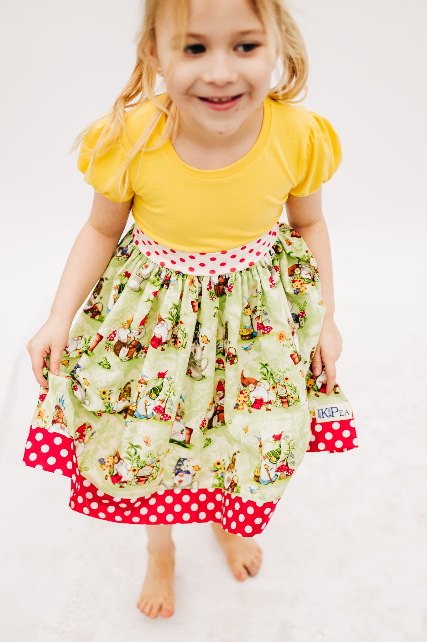 Gardening Gnomes Puff Sleeved Twirl dress