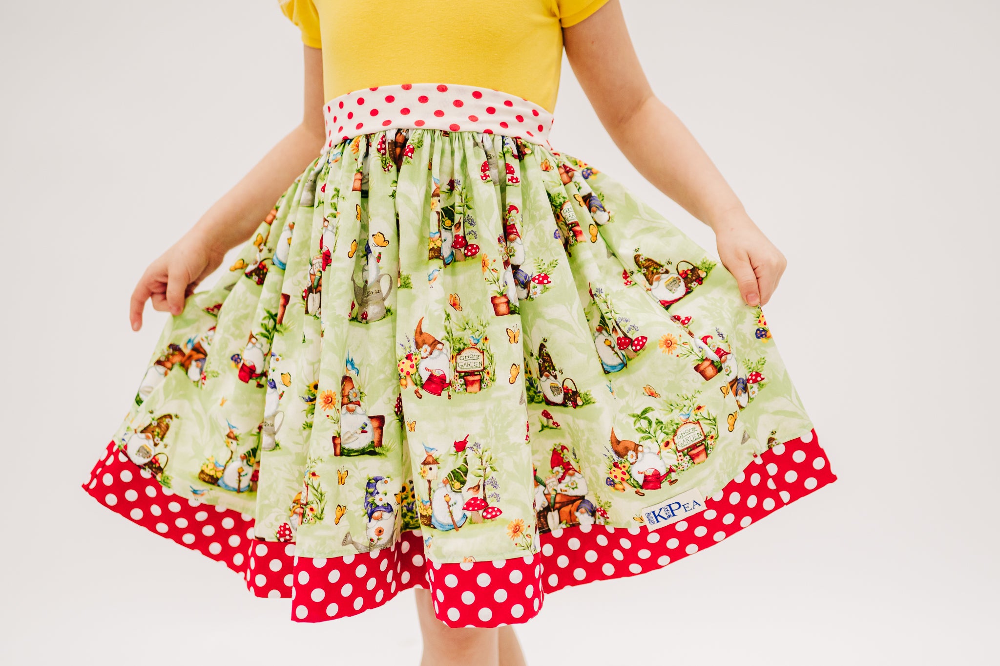 Gardening Gnomes Puff Sleeved Twirl dress (ships in 2 weeks)