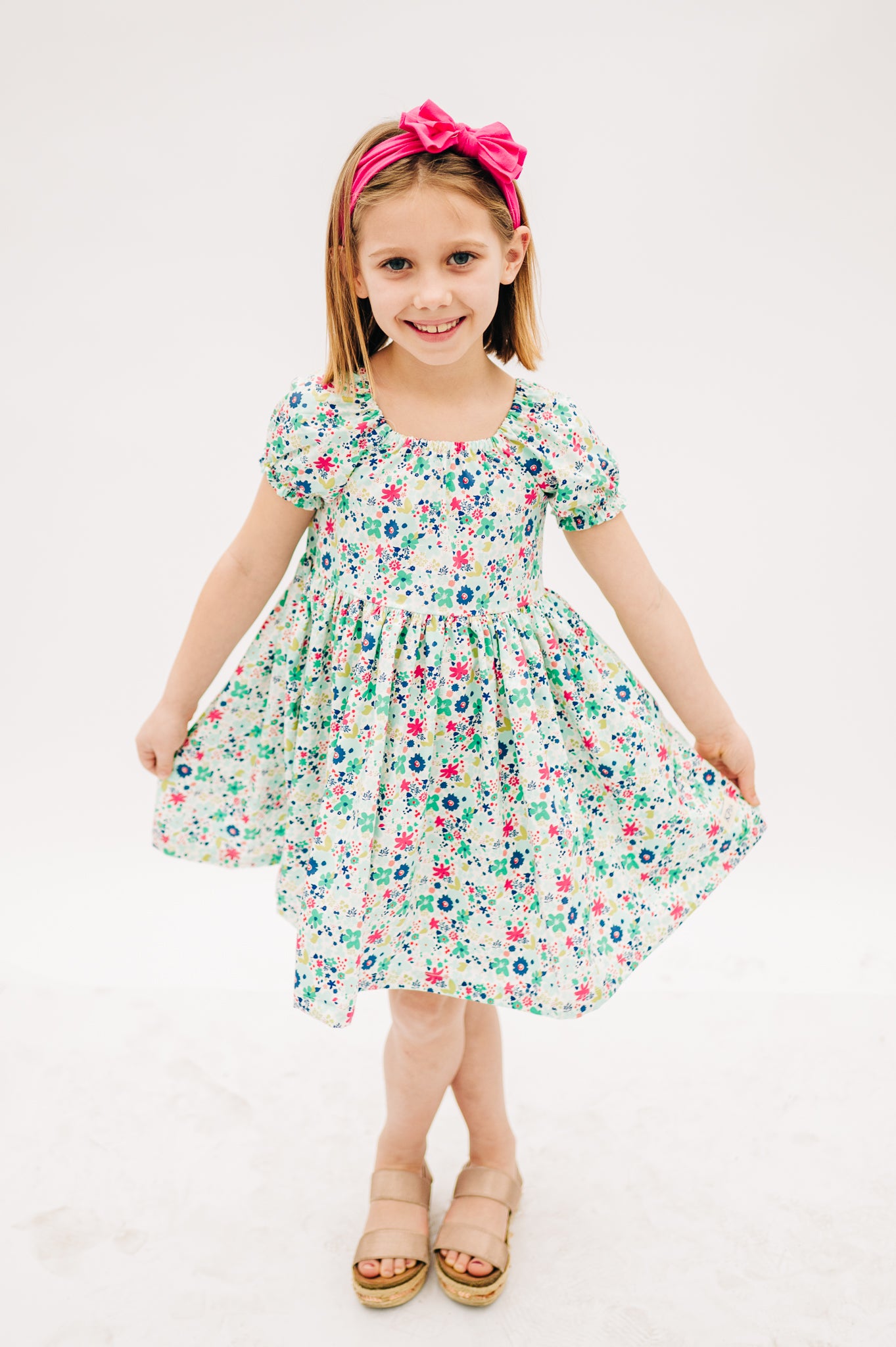 Emerald Floral Peasant Puff Sleeved Twirl dress (ships in 2 weeks)