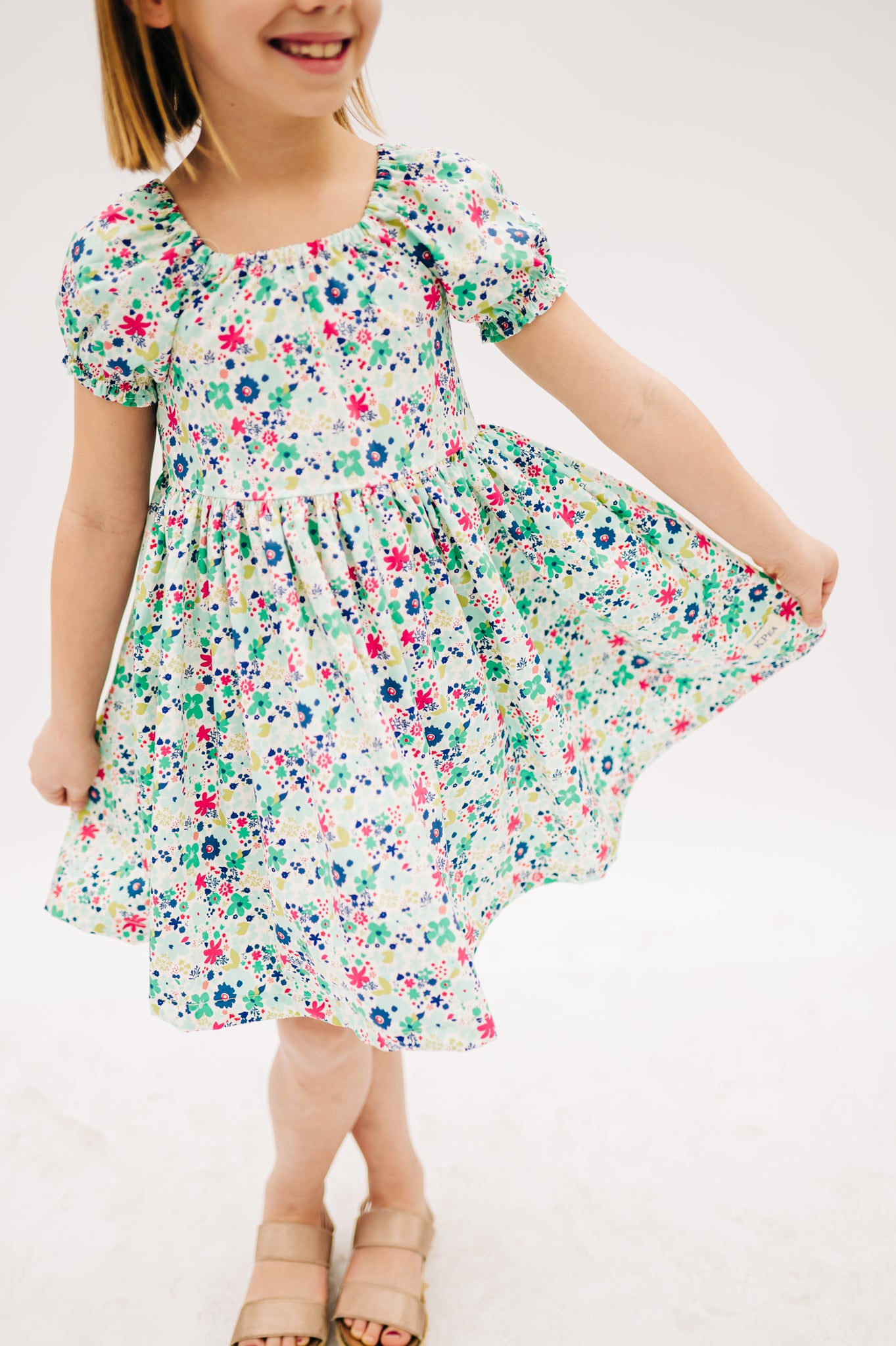 Emerald Floral Peasant Puff Sleeved Twirl dress (ships in 2 weeks)