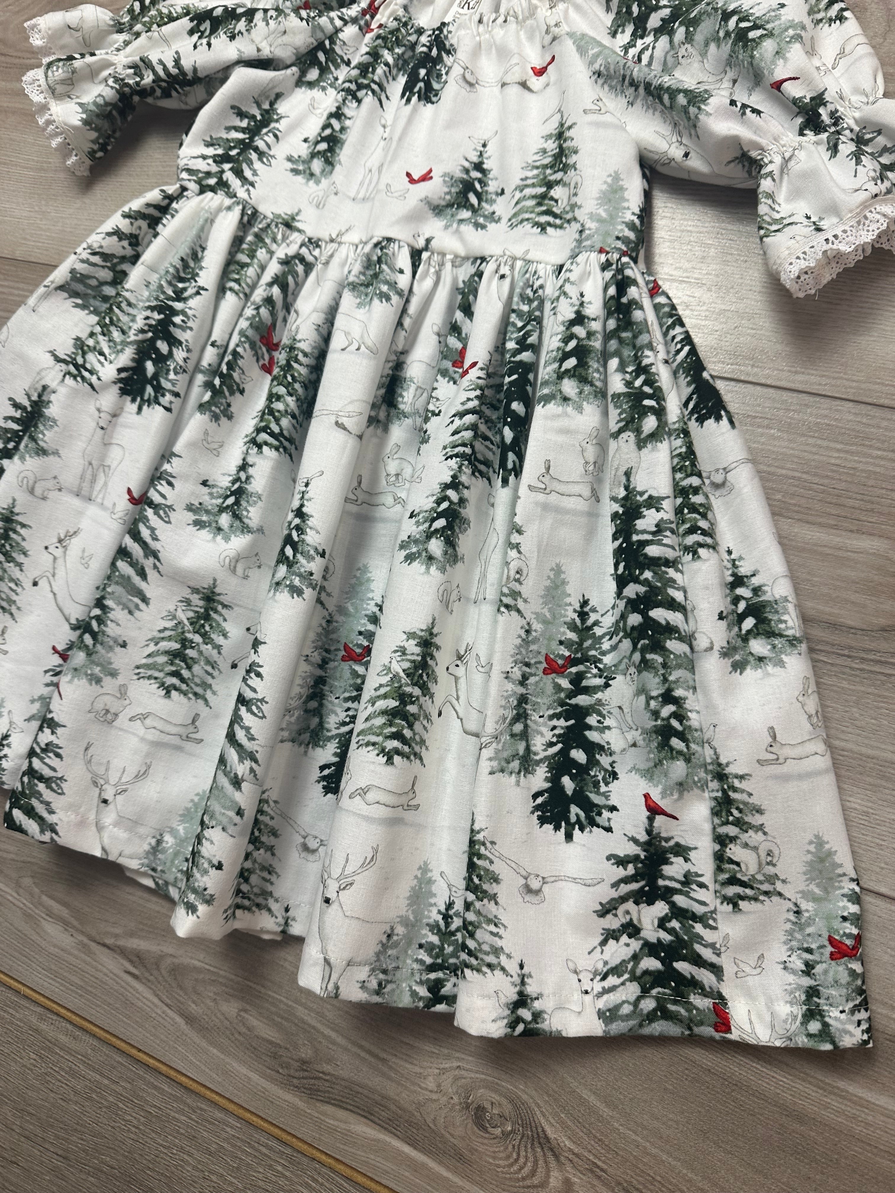 Snowy Pines Peasant Puff Sleeved Twirl dress (ships in 2 weeks)