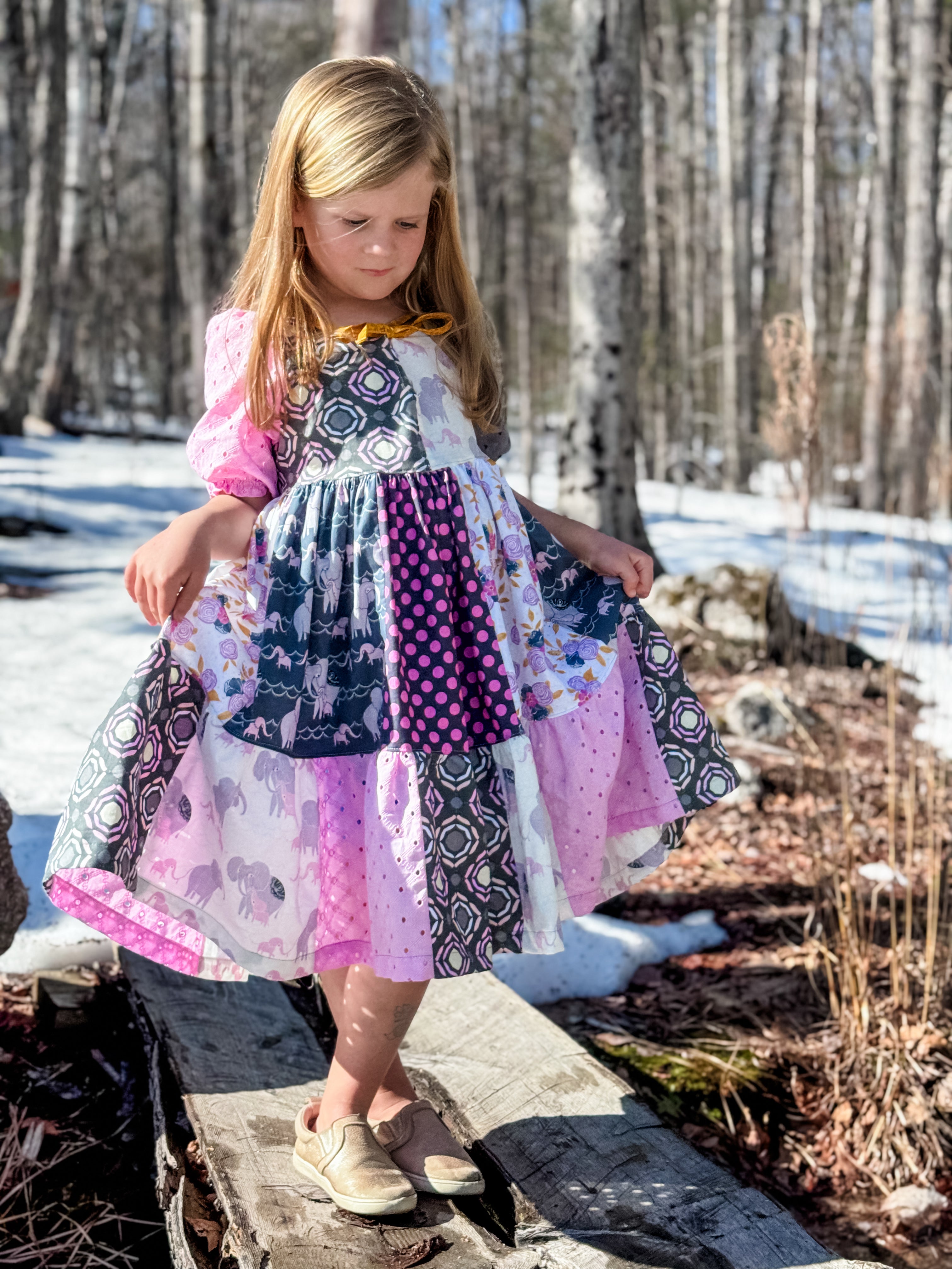 Elephant Jubilee Sasha Tier patchwork Dress (ships in 2 weeks)