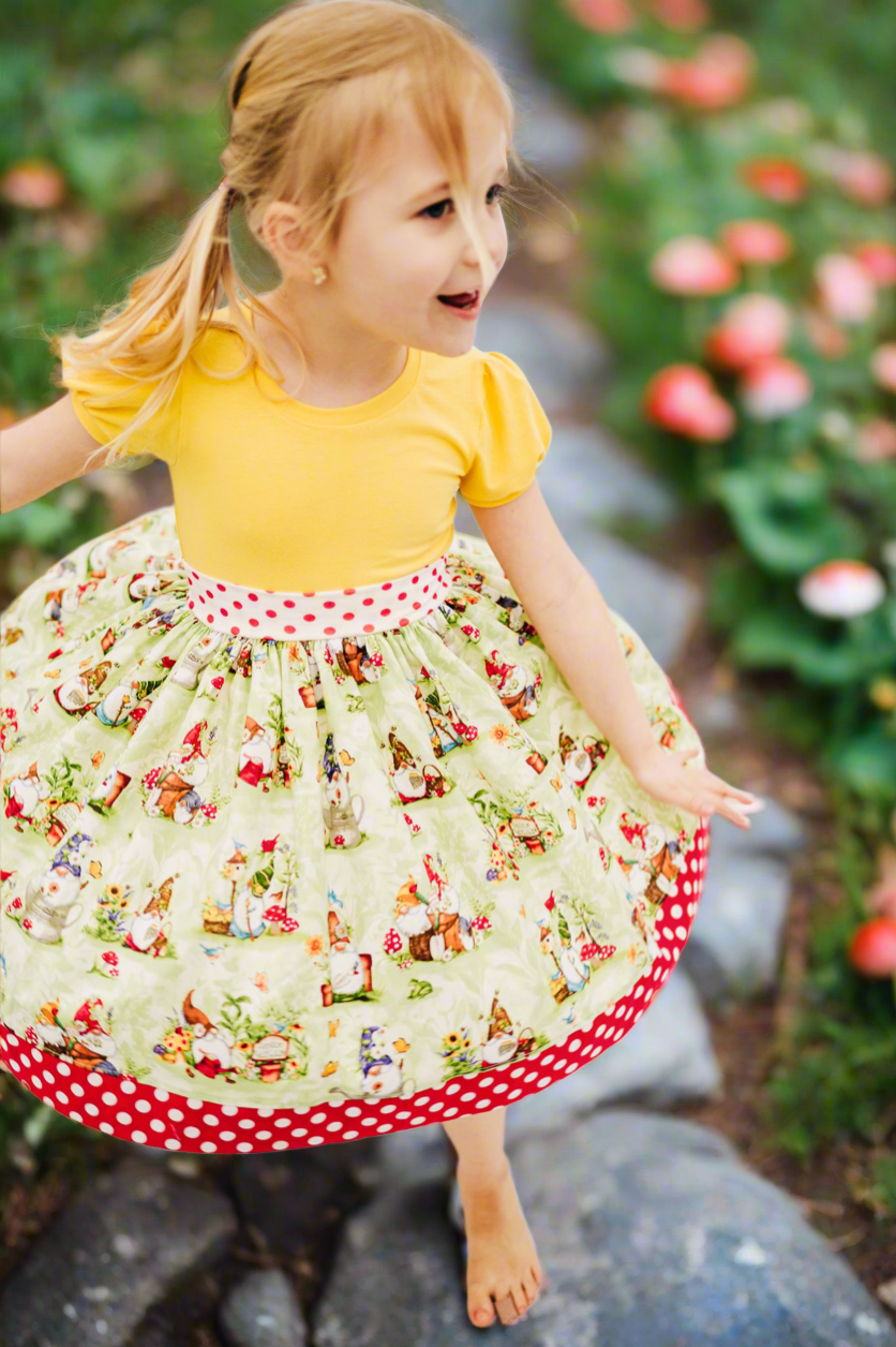 Gardening Gnomes Puff Sleeved Twirl dress