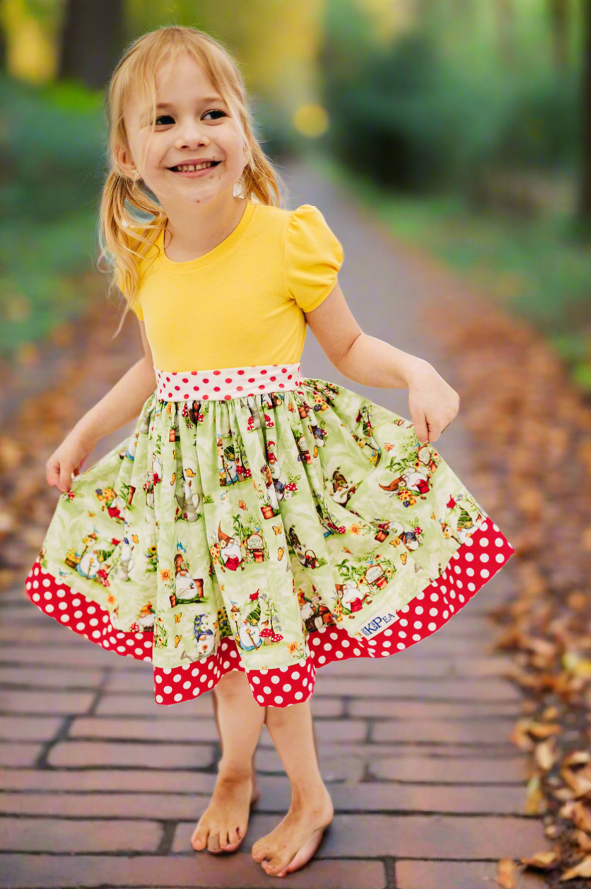 Gardening Gnomes Puff Sleeved Twirl dress