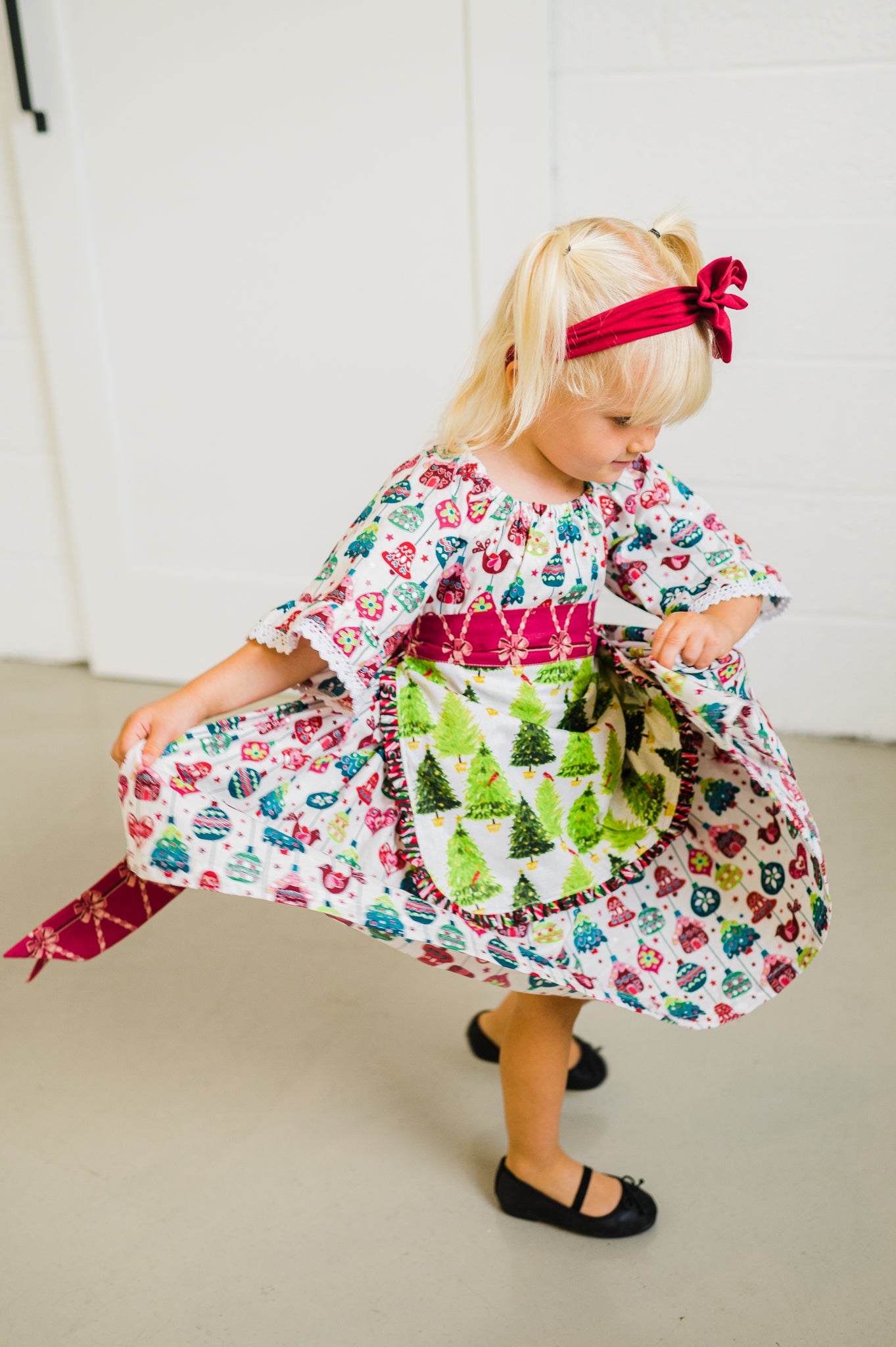 The Littlest Christmas Tree Girls Peasant dress with Lace sleeves and an Apron (ships in 2 weeks)