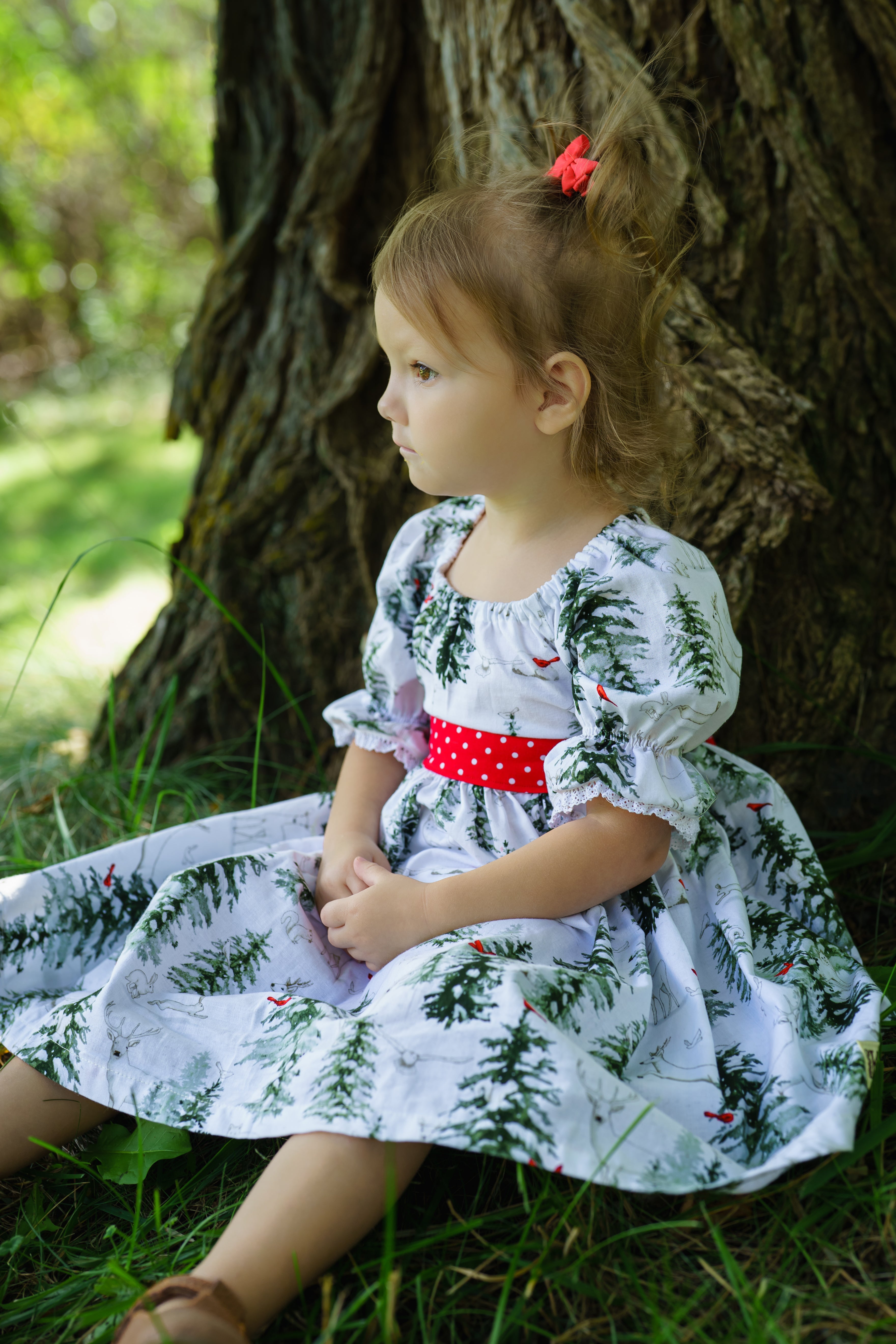 Snowy Pines Peasant Puff Sleeved Twirl dress (ships in 2 weeks)