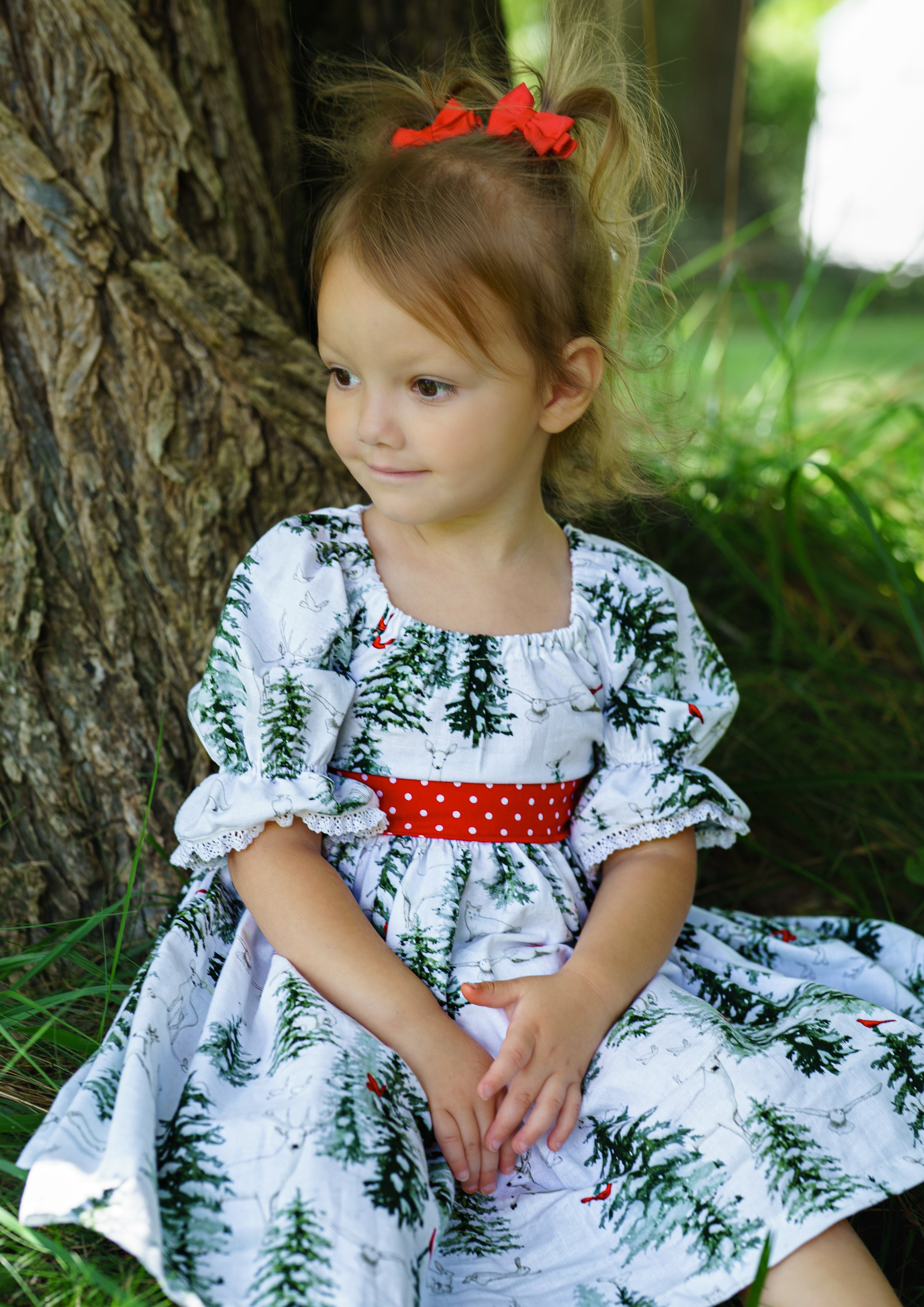 Snowy Pines Peasant Puff Sleeved Twirl dress (ships in 2 weeks)