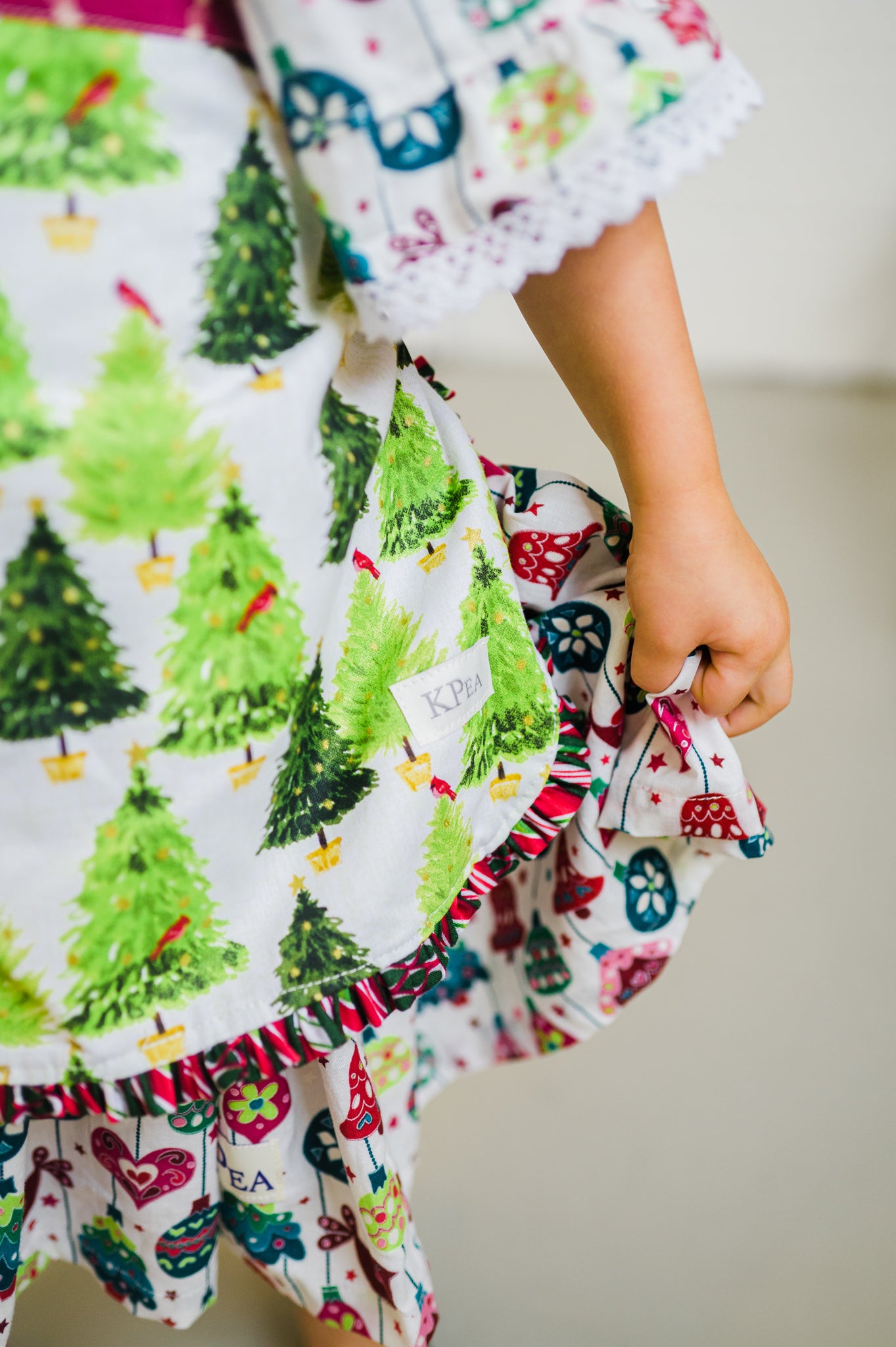 The Littlest Christmas Tree Girls Pease dress with Lace sleeves and an Apron (ships in 2 weeks)