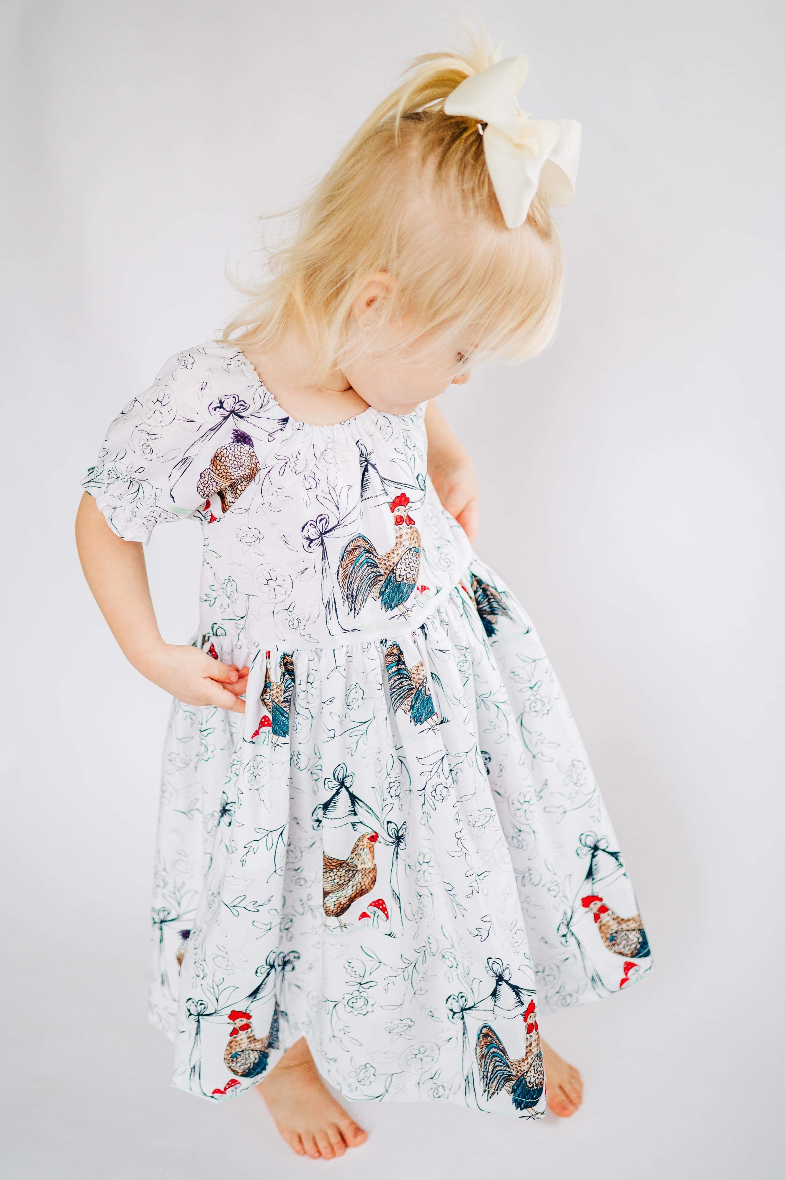 Regal Rooster Peasant Puff Sleeved Twirl dress (ships in 2 weeks)